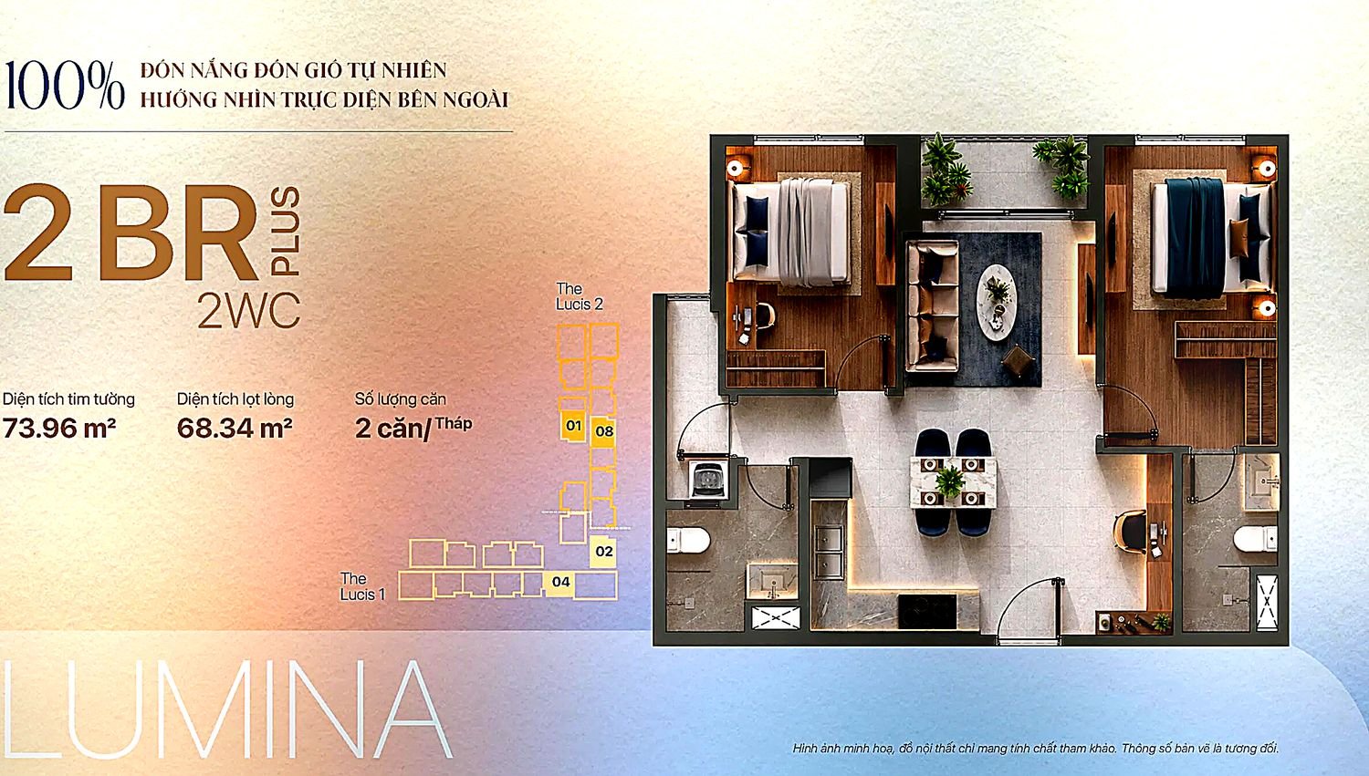 Layout căn hộ 2PN Plus 2WC TT Genesis